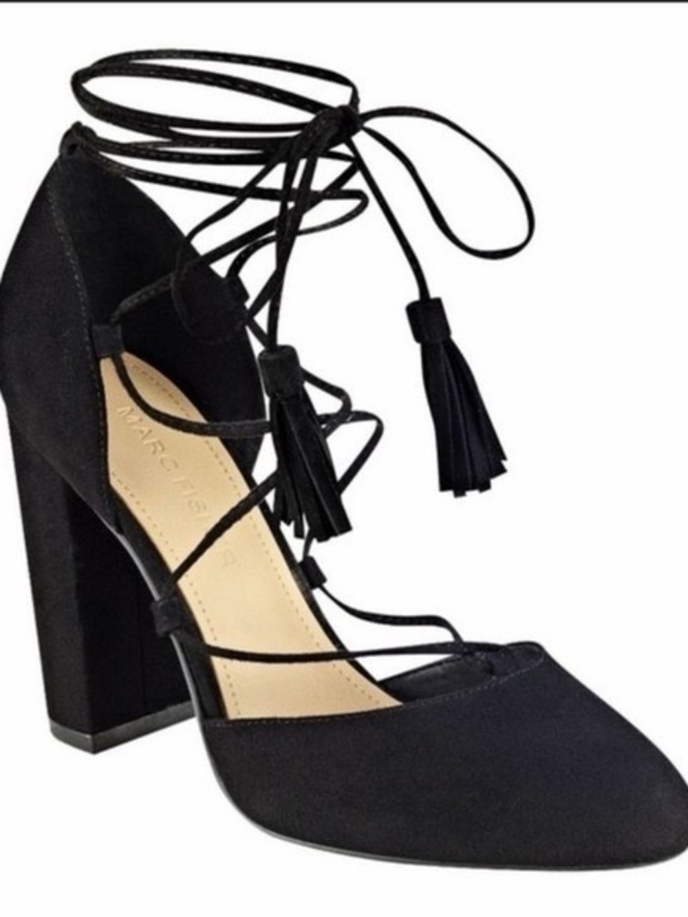 Marc Fisher Black Suede Lace-Up Block Heel with Tassels